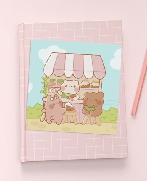 Cafe Print, cute cafe print, kawaii art print, pink kawaii cat print, animal kawaii art print, cute animal prints, small illustrated kawaii art prints