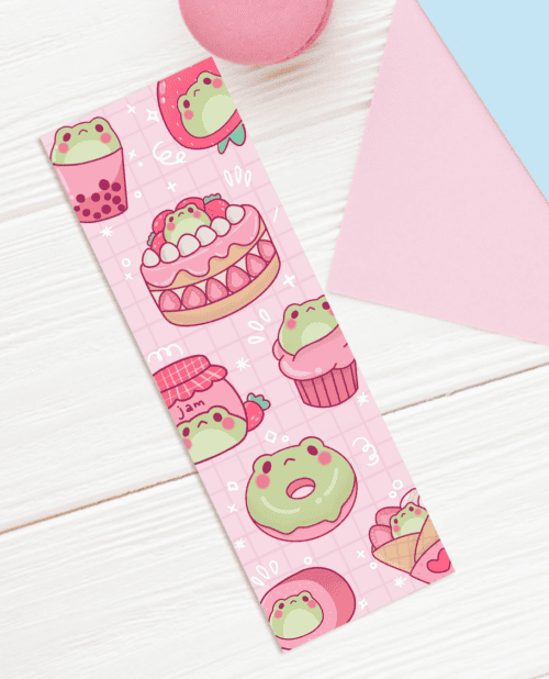 kawaii strawberry frog stationery, cute frog stationery, cute pink kawaii stationery, pink bookmark, pink kawaii bookmark