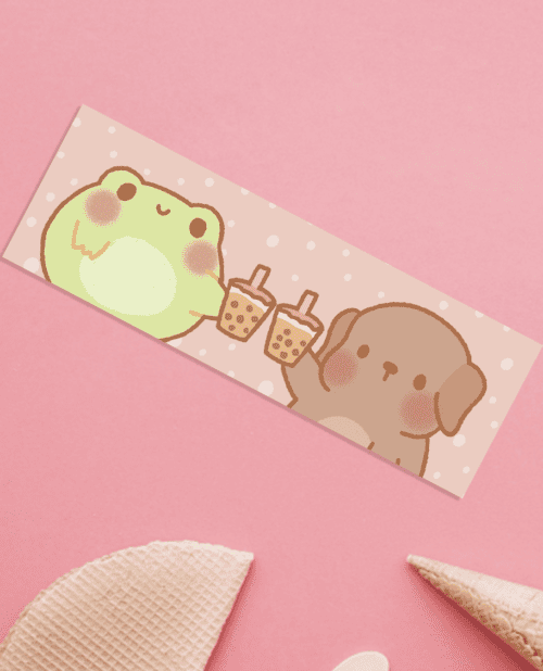 cute boba tea bookmark, bookmark for boba tea lovers, kawaii animals enjoying boba tea, kawaii boba frog