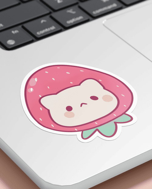 kawaii strawberry cat sticker, cute strawberry cat face sticker, kawaii strawberry cat sticker