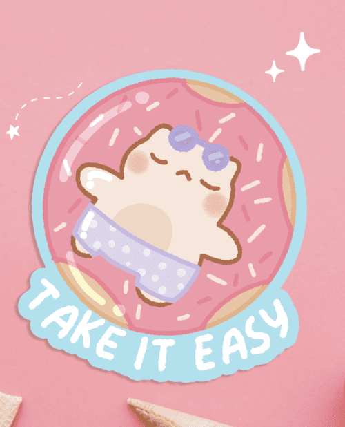take it easy sticker, cat doughnut sticker, cute cat doughnut, pool sticker, cute pool floaty sticker